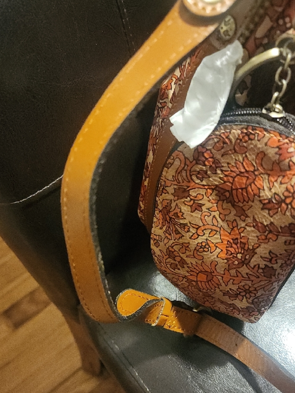 PATRICA NASH Orange Floral Drawstring Bucket Bag with Tan Trim. Wallet Included. - Picture 7 of 10